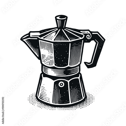 Vintage black flat moka pot icon with a simple engraved design