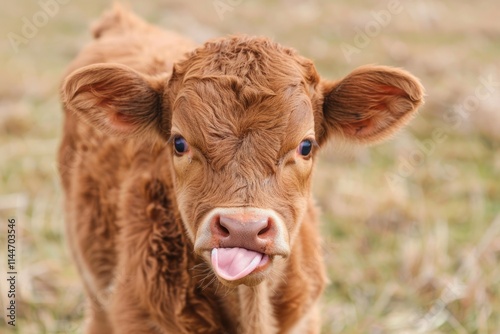 Cute Cow. Baby Calf with Brown Fur in Agricultural Background photo