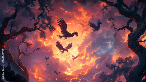 A vibrant fantasy scene depicting phoenix-like creatures soaring amidst fiery clouds and twisted trees. Phoenixlike. Illustration photo