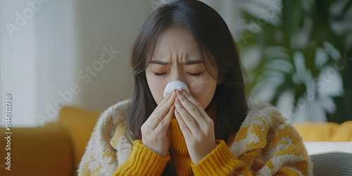 Woman Blows Nose, Feeling Sick at Home, Ill with Cold,  Experiencing Discomfort, Sadly.