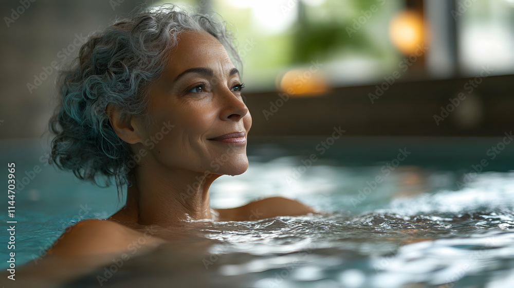 Relaxing in Hot Tub, Serene Woman Enjoys Spa Time, Feeling Peaceful and Rejuvenated After a Long Day. Relaxing in Hot Tub, Serene Woman Enjoys Spa Time, Feeling Peaceful and Rejuvenated After a Long Day.