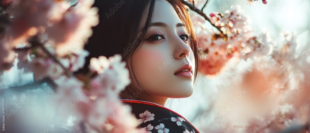Young woman in traditional kimono holding a parasol beneath cherry blossom trees in a tranquil park setting during springtime Young woman in traditional kimono holding a parasol beneath cherry blossom trees in a tranquil park setting during springtime