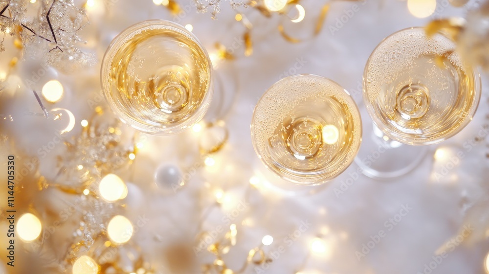 New Year's Eve champagne glasses filled with bright festive holiday lights New Year's Eve champagne glasses filled with bright festive holiday lights