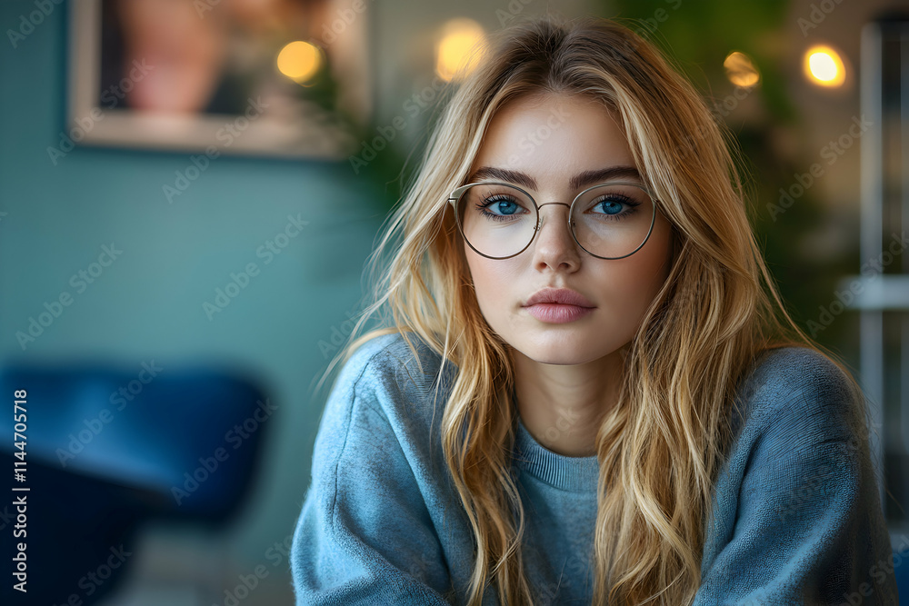 Woman with Blonde Hair and Glasses: Serene, Confident Pose in Casual Wear Woman with Blonde Hair and Glasses: Serene, Confident Pose in Casual Wear