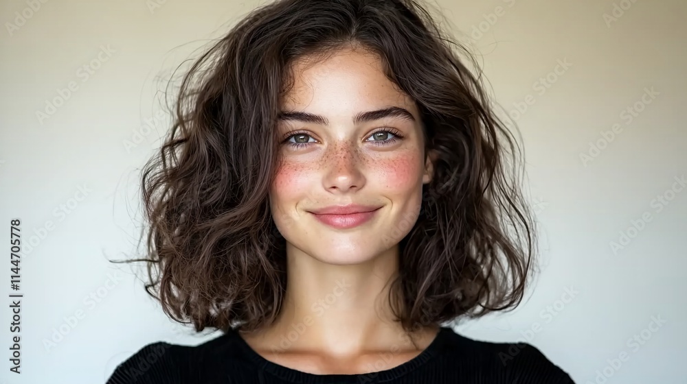 Portrait of a smiling young woman with wavy brown hair and freckles.