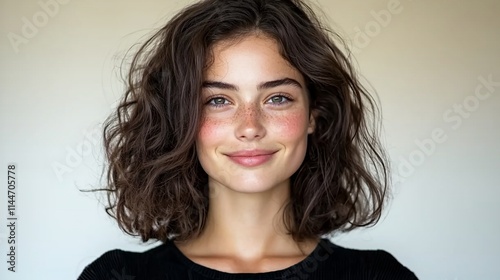 Portrait of a smiling young woman with wavy brown hair and freckles.