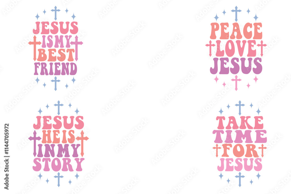 Fototapeta premium Jesus is My Best Friend, Peace Love Jesus, Jesus He is in My Story, Take Time for Jesus retro keychain designs