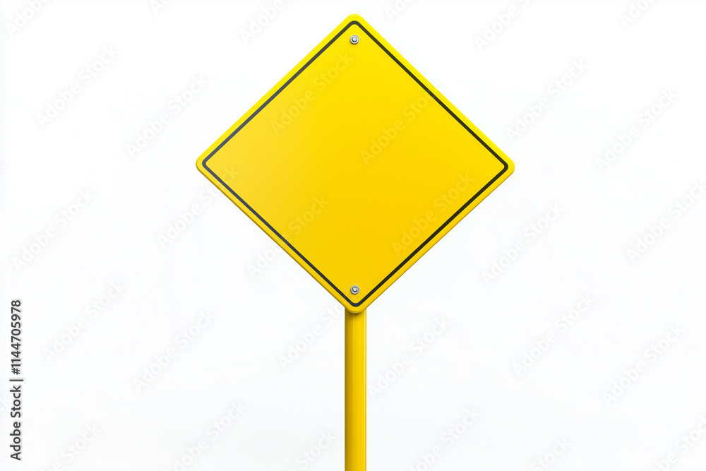 Selective focus yellow sign plate with blank space in the middle isolated on white background, Caution sign with yellow metal sheet on the pole on white, Diamond shape sign. Selective focus yellow sign plate with blank space in the middle isolated on white background, Caution sign with yellow metal sheet on the pole on white, Diamond shape sign.