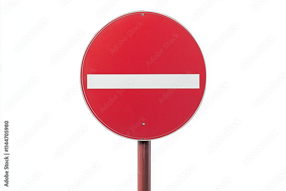 Selective focus metal sheet with stop sign isolated on white background, Red circle sign with white line in the middle on white, Traffic signal plate. Selective focus metal sheet with stop sign isolated on white background, Red circle sign with white line in the middle on white, Traffic signal plate.