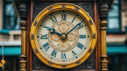 Antique clock face, ornate wooden case, showing time.