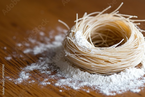 Uncooked Nest of Pasta on a Flour-Dusted Wooden Surface