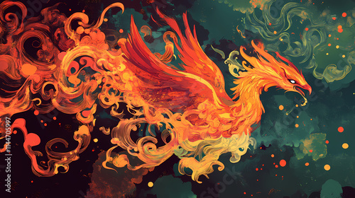 Fiery phoenix-like creature. Phoenixlike. Illustration photo