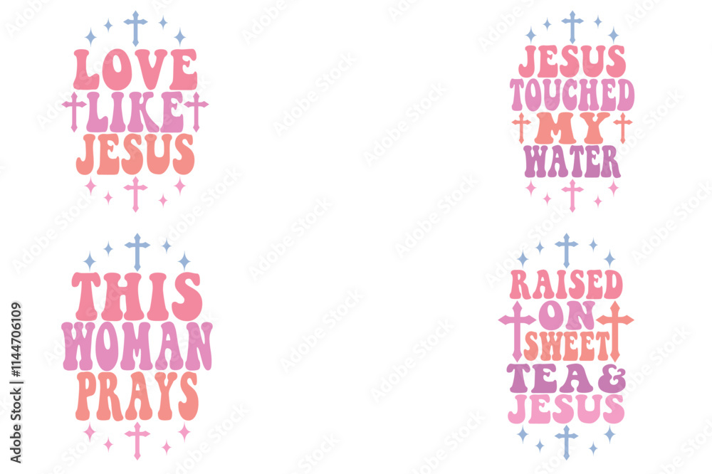 Fototapeta premium Love Like Jesus, Jesus Touched My Water, This Woman Prays, Raised on Sweet Tea and Jesus retro keychain designs