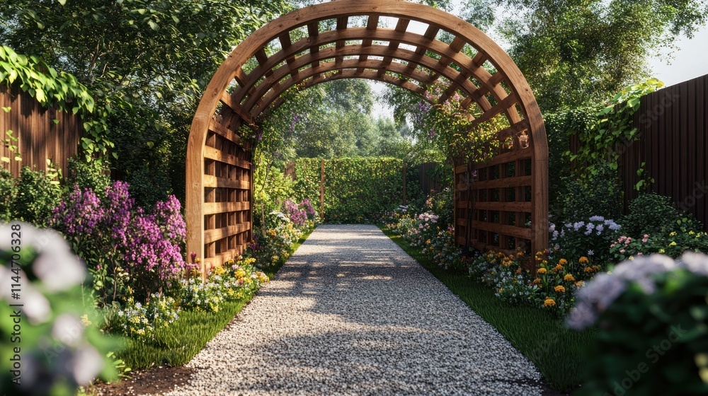 Wooden archway garden path with flowers. Wooden archway garden path with flowers.