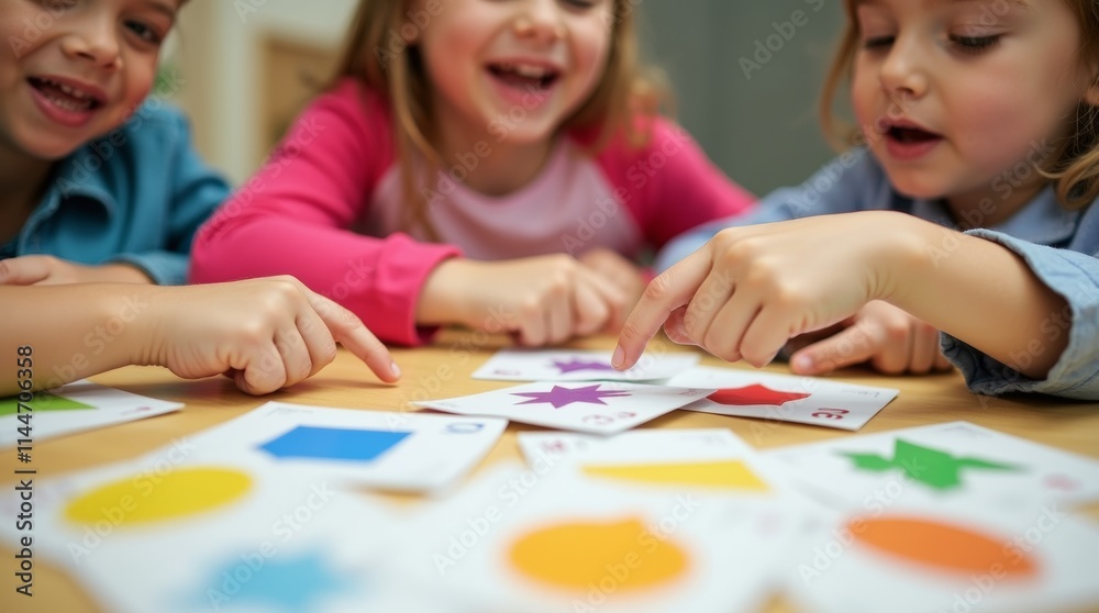 Fototapeta premium A close-up of a group of children sitting at a table, enthusiastically identifying and pointing at various colorful shapes on flashcards, capturing the excitement of learning