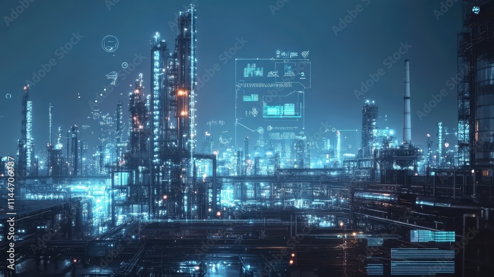 Obraz premium Modern factory, communication network. Telecommunication. IoT, Internet of Things, ICT, Information communication Technology,. Smart factory. Digital transformation, cloud connecting,