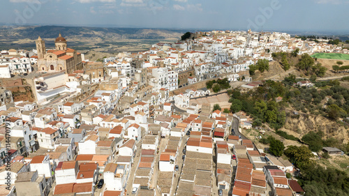 Aerial view of the historic center of Pisticci, in the province of Matera, Basilicata. It is a small town in southern Italy.