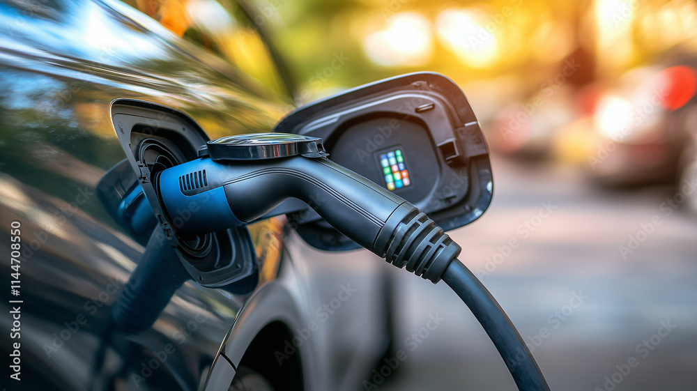 Close up of electric vehicle charger plugged into car, showcasing modern technology and convenience. background features blurred urban setting Close up of electric vehicle charger plugged into car, showcasing modern technology and convenience. background features blurred urban setting