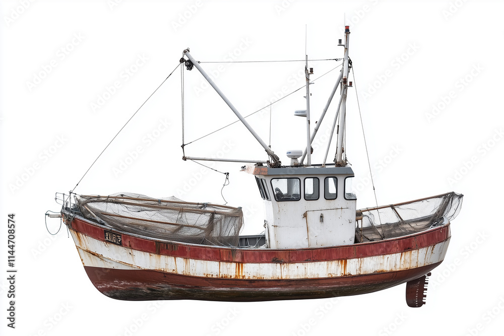 Naklejka premium Selective focus fisherman boat with trawl isolated on white background, Trawler boat for fishing floating on water.