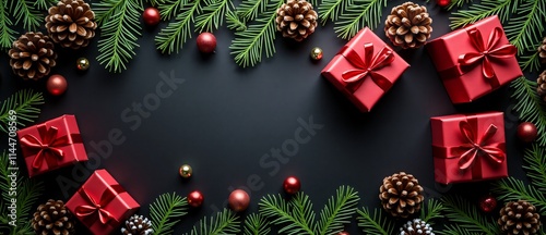A Top View of Christmas Red Gift Boxes, Fir Tree Branches, and Pine Cones on a Christmas Black Background with Copy Space.