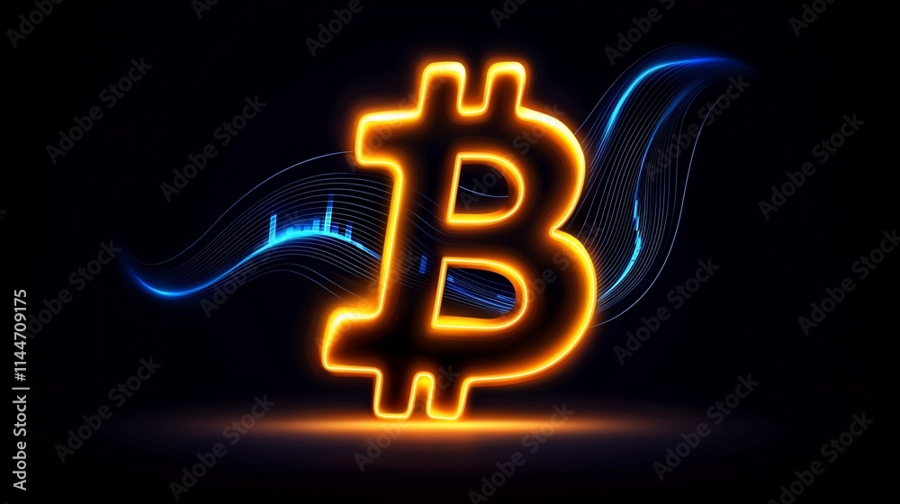 Neon bitcoin sign with blue waves on a dark background. Neon bitcoin sign with blue waves on a dark background.