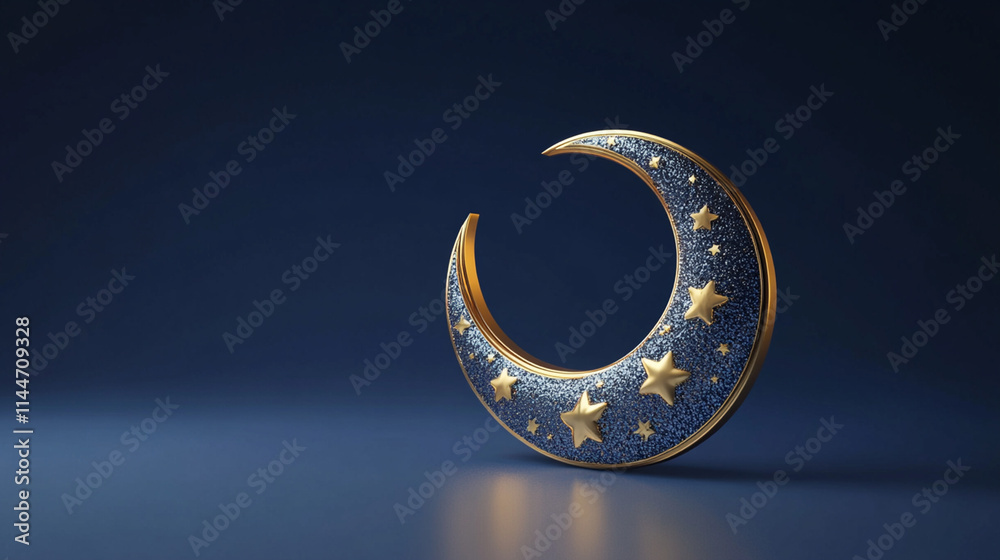 Golden crescent moon with stars on dark blue background. Golden crescent moon with stars on dark blue background.