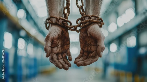 A close-up of hands shackled together with rusty chains, symbolizing modern slavery or forced labor, with a blurred industrial background.  photo