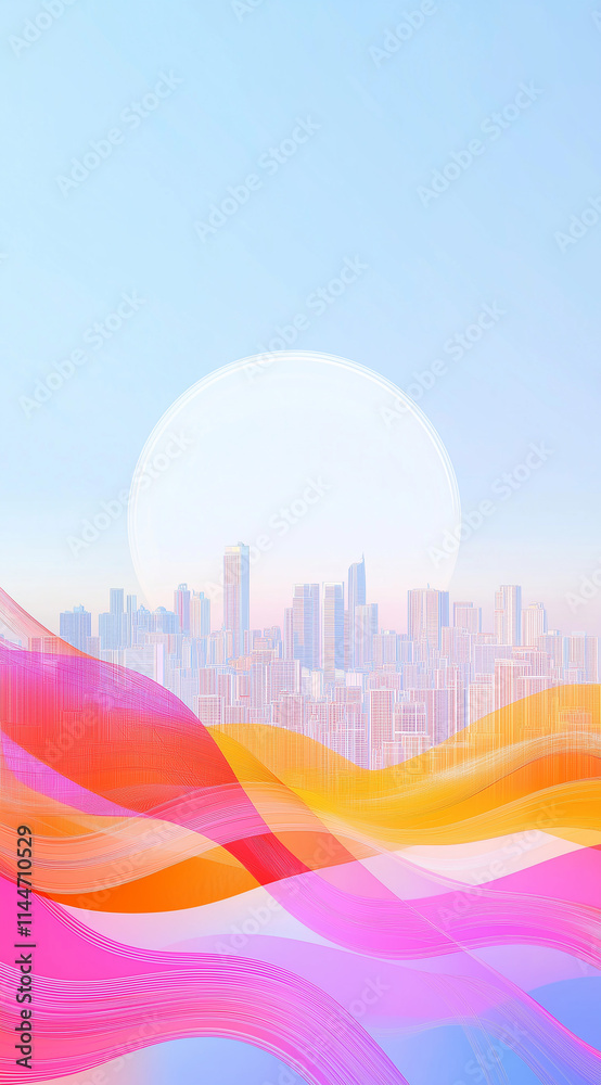 Abstract Illustration of an urban highway going to the modern city downtown at sunset or sunrise with colorful light trails.