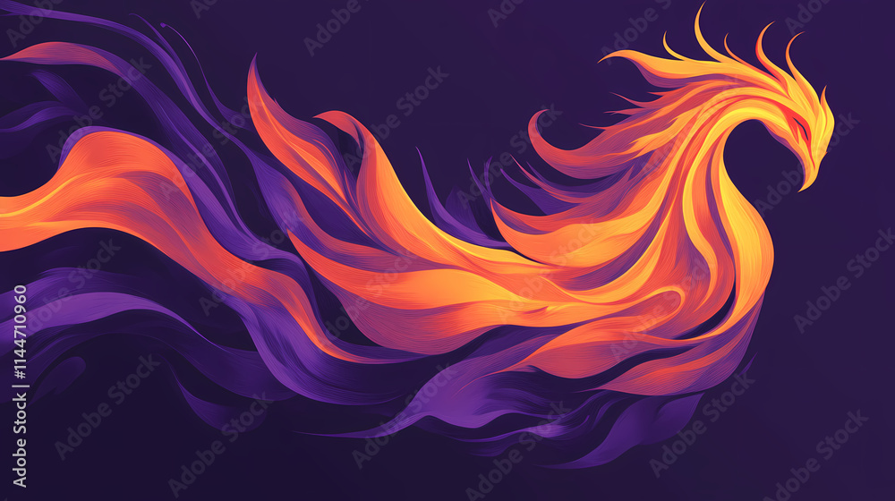 A dynamic representation of a fiery, flowing phoenix-like shape in vibrant orange and purple hues. Phoenixlike. Illustration