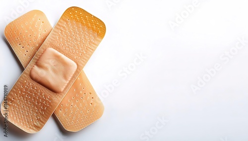 adhesive bandage or sticking, sticky, medical plaster or band aid is a small medical dressing used for injuries not serious enough to require stitches or sutures.  Isolated on white background