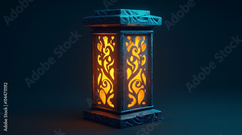 Illuminated stone pillar with ornate carvings.