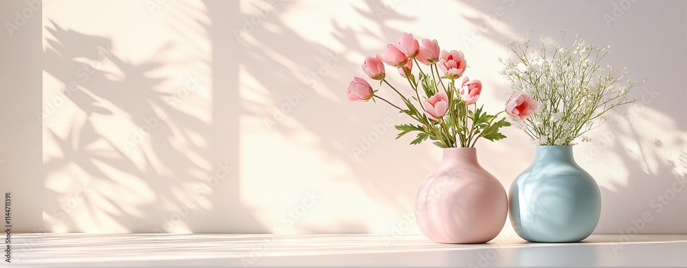 Fototapeta premium Flower vase duo with ranunculus and baby's breath, pastel flower vase in natural light shadows and editorial flower vase layout for copy space content