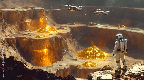 Futuristic Gold Mine A lone explorer in a spacesuit navigates the gleaming high tech excavation drones that scour the extraterrestrial mineral formations on the surface of an alien planet