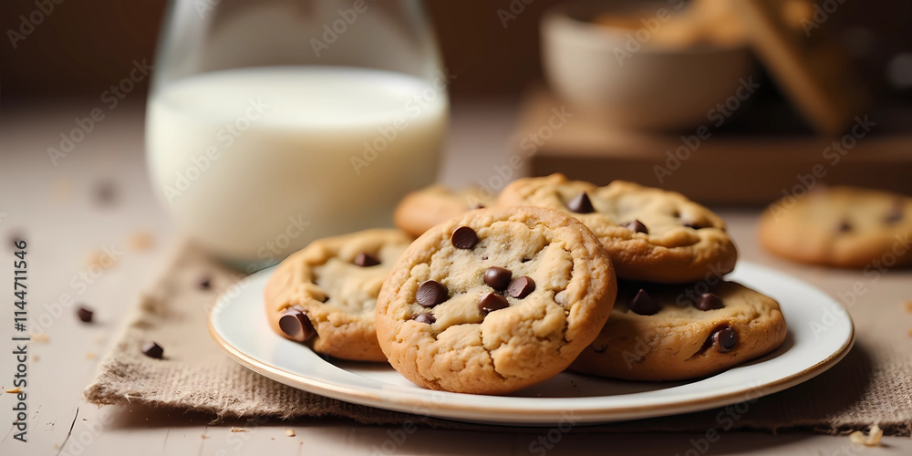 Warm chocolate chip cookies stacked beside a tall glass of milk, perfect for a sweet treat, generative ai Warm chocolate chip cookies stacked beside a tall glass of milk, perfect for a sweet treat, generative ai
