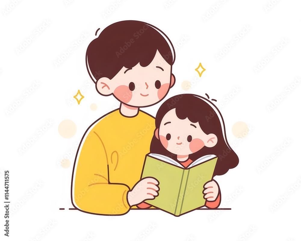 Father and daughter happily reading a book together. Father and daughter happily reading a book together.