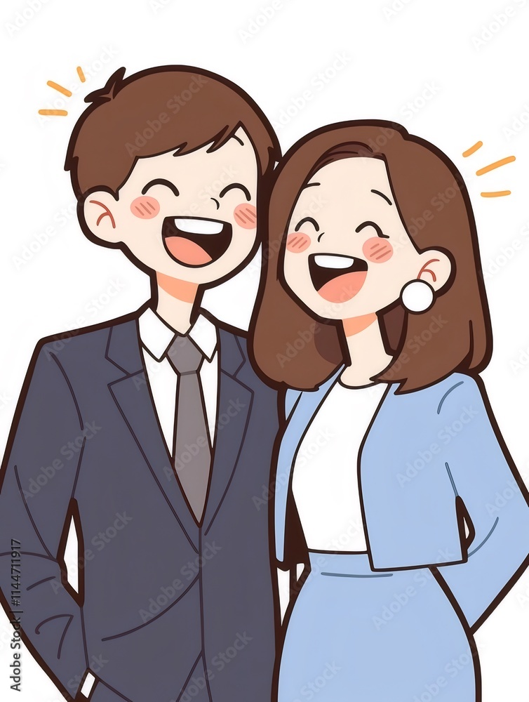 Happy couple in business attire laughing together. Happy couple in business attire laughing together.