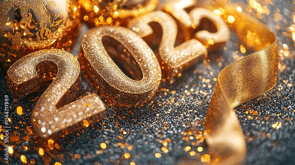 Golden carved 2025 numbers displayed at a 45 degree side angle with a curled golden ribbon and scattered glitter creating a festive elegant and luxurious backdrop for the new year Golden carved 2025 numbers displayed at a 45 degree side angle with a curled golden ribbon and scattered glitter creating a festive elegant and luxurious backdrop for the new year