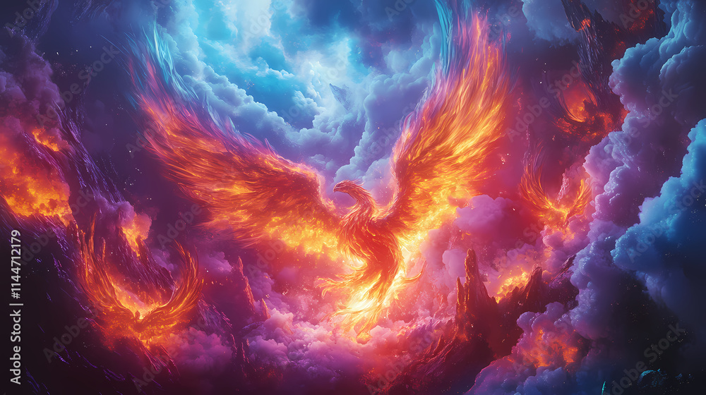 A magical volcanic eruption, with lava glowing in multiple colors and fiery phoenix-like creatures rising from the plume of ash and smoke. Phoenixlike. Illustration A magical volcanic eruption, with lava glowing in multiple colors and fiery phoenix-like creatures rising from the plume of ash and smoke. Phoenixlike. Illustration