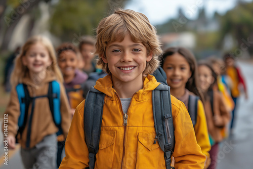 Excited kids walk together to the school on a bright and cheerful morning. Generative AI