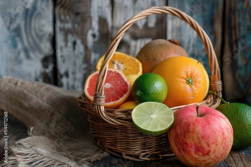 Assorted tropical fruit in wicker basket on wooden boards