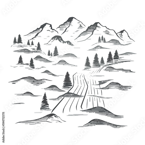 Sketch path in the forest. Hand drawn Ink foggy forest road. Road in countryside, Hand drawn landscape