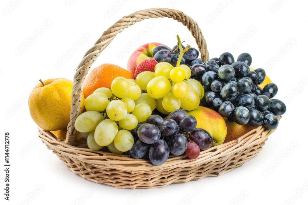 Assorted fruits in wicker basket on white background. Assorted fruits in wicker basket on white background.