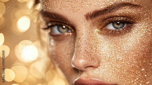 Golden Sparkle Beauty Portrait - Close-up of a woman's face, adorned with gold glitter, symbolizing luxury, glamour, celebration, radiance, and beauty. photo