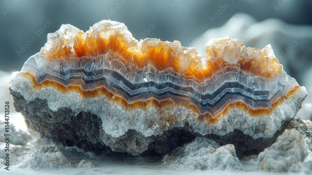 Obraz premium Banded agate gemstone with orange, grey, and white layers.