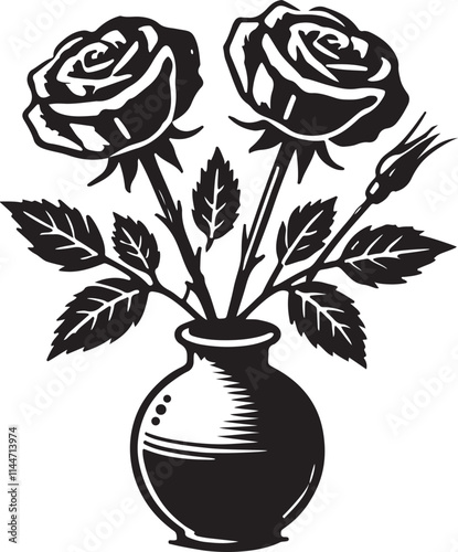 Roses in a vase vector illustration, roses in a vase line art vector