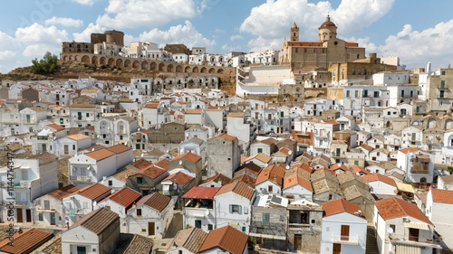 Aerial view of the historic center of Pisticci, in the province of Matera, Basilicata. It is a small town in southern Italy.