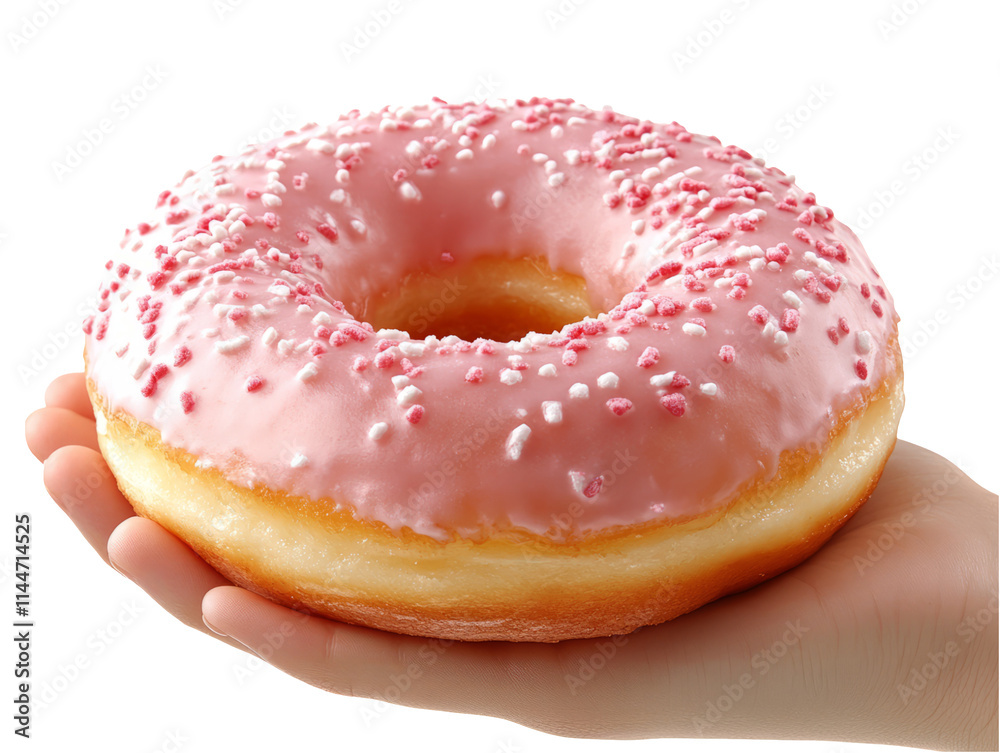 Hand Holding Delicious Pink Frosted Donut with Sprinkles Hand Holding Delicious Pink Frosted Donut with Sprinkles
