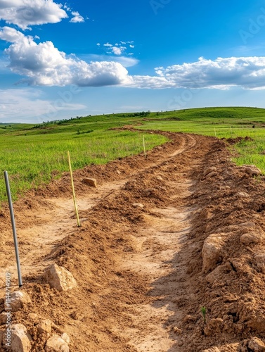 Hill Erosion Track Field Monitoring - A newly constructed monitoring track cuts through a grassy field, revealing soil erosion patterns under sunny skies.  The scene symbolizes environmental monitorin photo