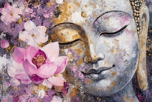 Abstract Buddha Silhouette with Intricate Floral Patterns in Vibrant Colors and Golden Accents