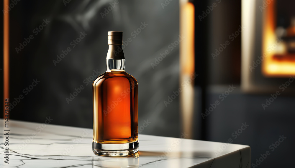 a bottle of amber-colored cognac standing on a marble-topped table...... a bottle of amber-colored cognac standing on a marble-topped table......
